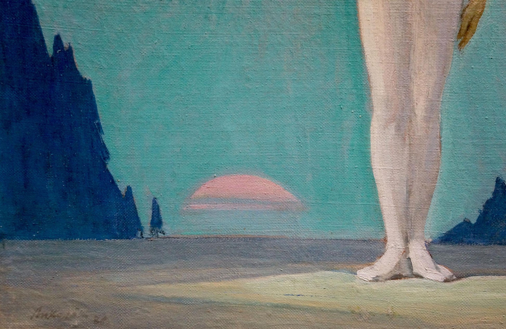 Oil painting Declarations of Love by Likholet Alexey Kirillovich: bare legs on sand, blue cliffs, pink sun, teal sky