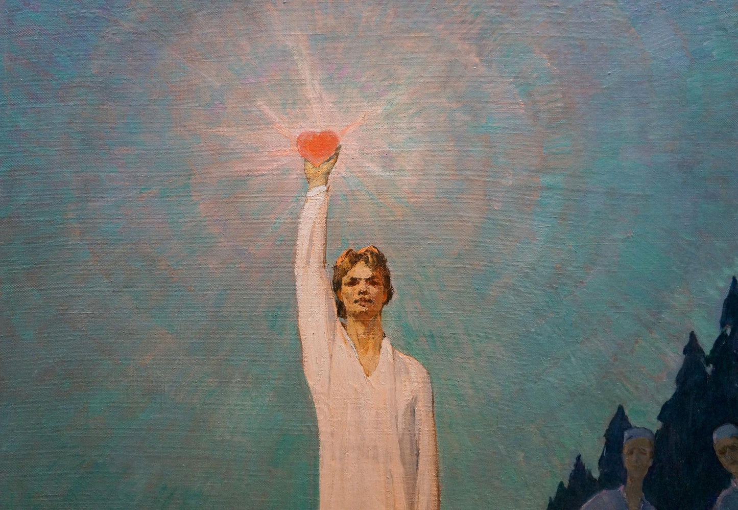 Radiant red heart in raised hand, oil painting by Likholet Alexey Kirillovich