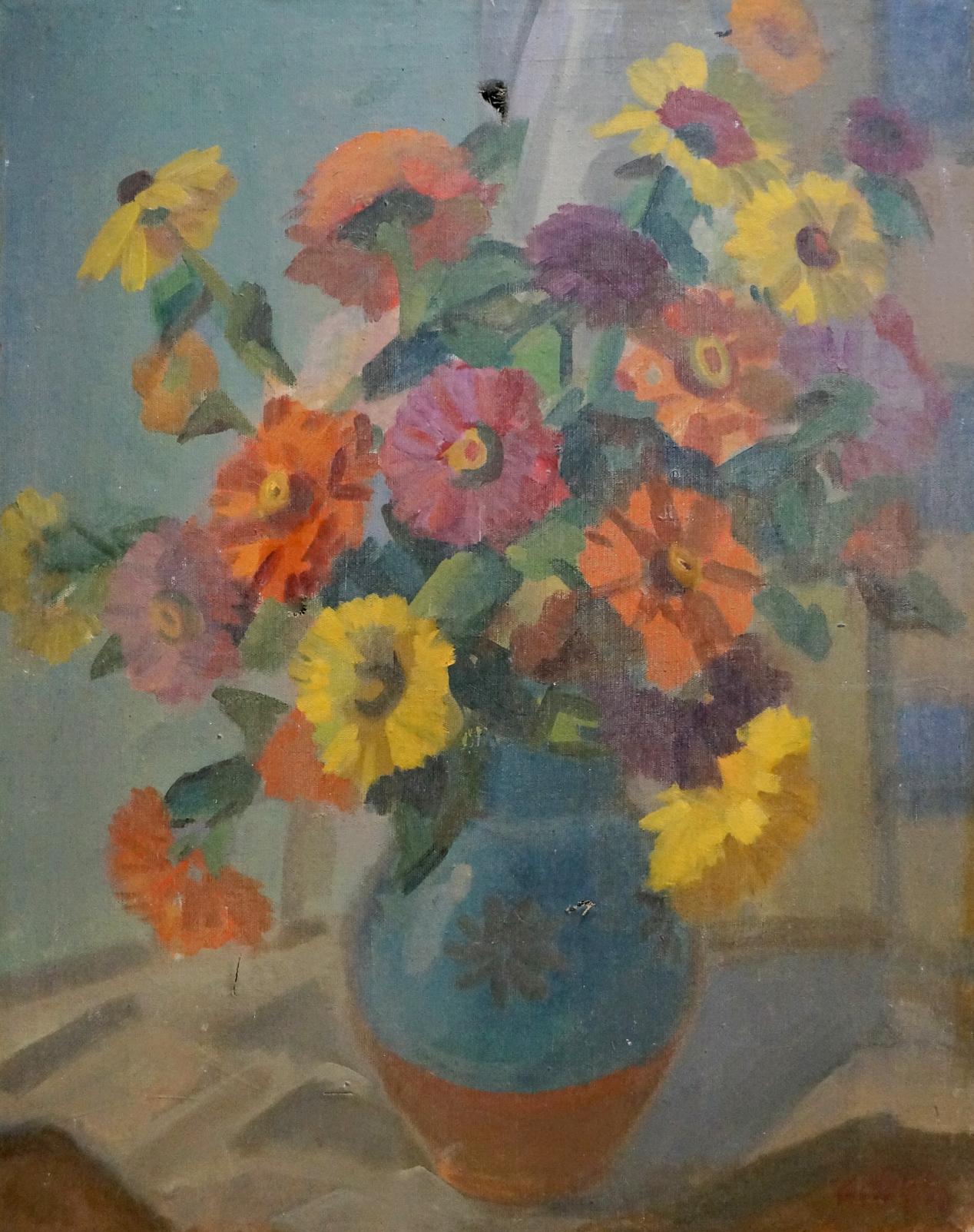 Oil painting Chamomile Medley of vibrant flowers in blue orange vase