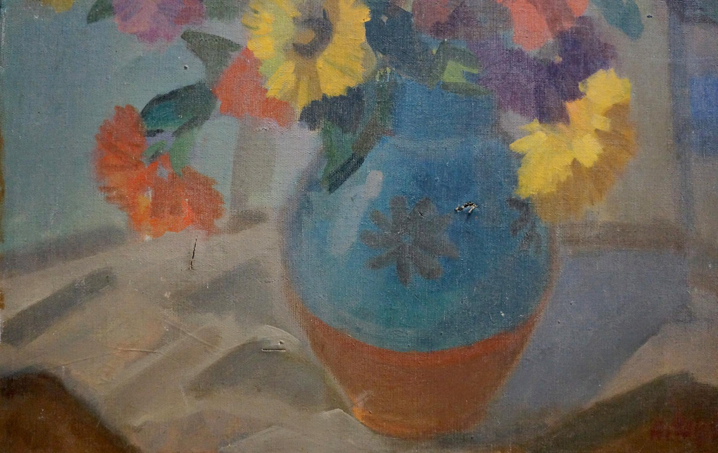 Oil painting Chamomile Medley in vibrant blue orange floral vase