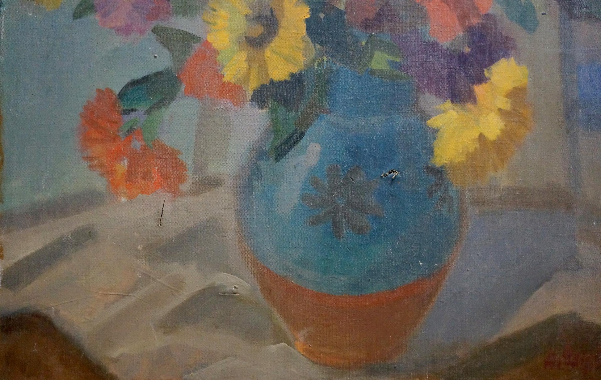 Oil painting Chamomile Medley in vibrant blue orange floral vase