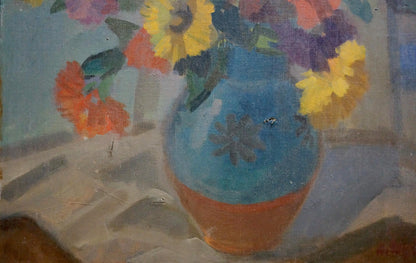 Oil painting Chamomile Medley in vibrant blue orange floral vase