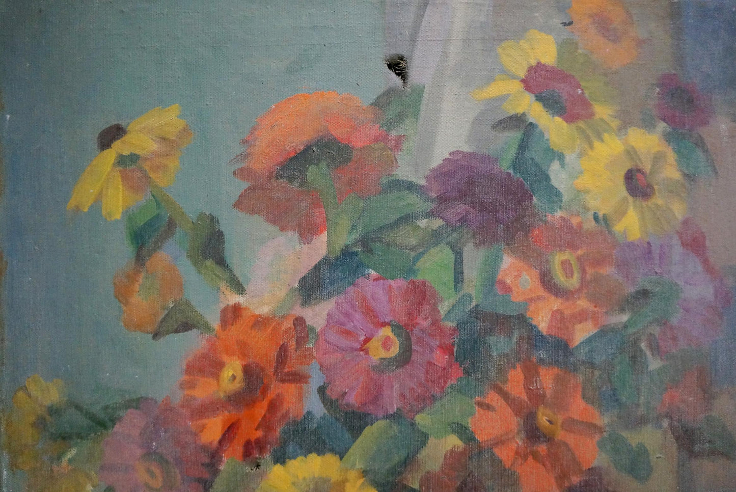 Oil painting Chamomile Medley of sunflowers and zinnias on teal background