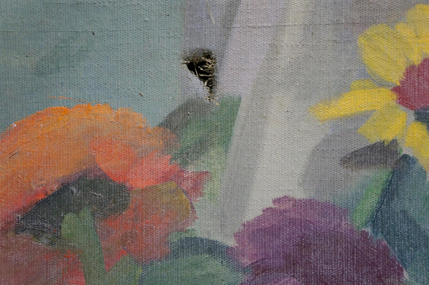 Oil painting Chamomile Medley with vibrant orange, yellow, purple flowers