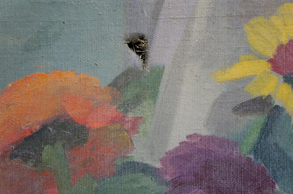 Oil painting Chamomile Medley with vibrant orange, yellow, purple flowers