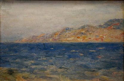 Oil painting Sea by Paul Christiaan Bos: coastal landscape with blue water and hills