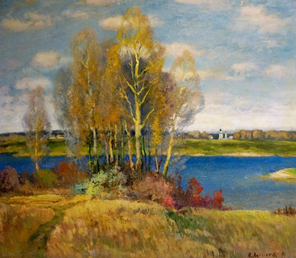 Oil painting by Alexander Mynka: autumn birch trees by serene blue lake