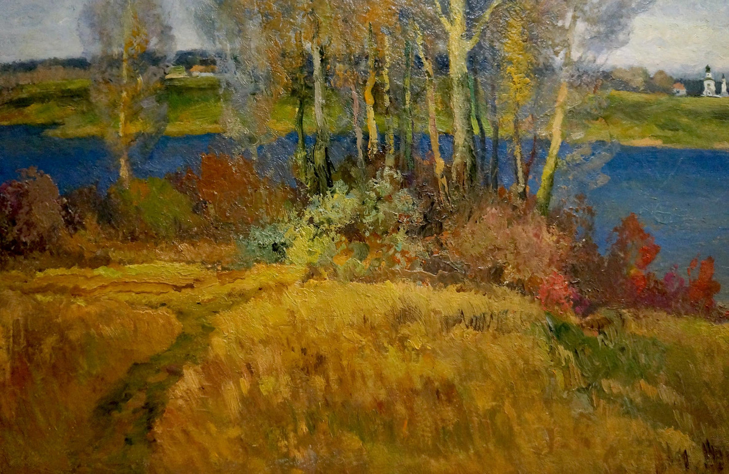 Oil painting Autumn landscape by Alexander Mynka: golden grass, birch trees, river