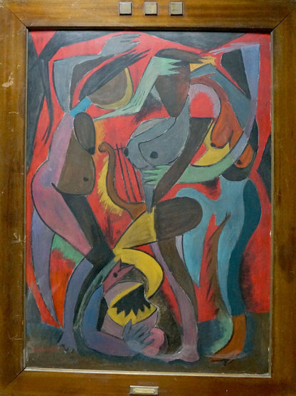 Abstract painting of female figures by Alexander Nikolaevich Volkov in wooden frame