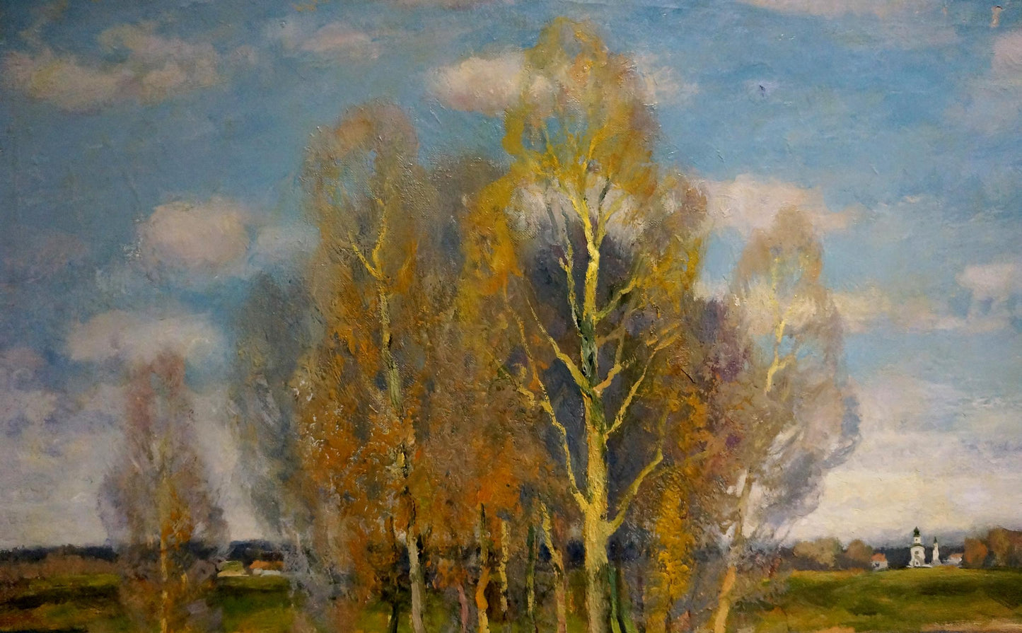 Oil painting of autumn trees by Alexander Mynka, golden leaves blue sky
