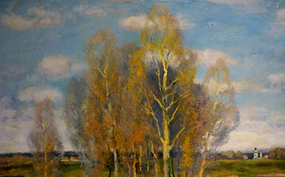 Oil painting of autumn trees by Alexander Mynka, golden leaves blue sky
