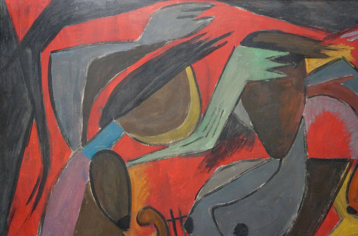 Abstract expressionist painting by Alexander Nikolaevich Volkov with bold red, gray, green strokes