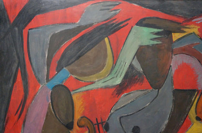 Abstract expressionist painting by Alexander Nikolaevich Volkov with bold red, gray, green strokes