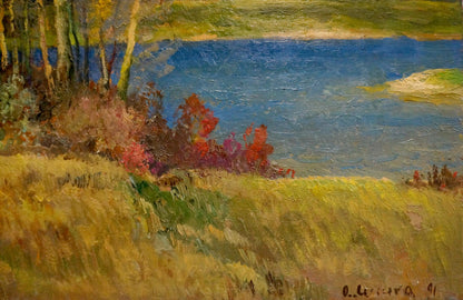 A vibrant impressionist painting depicting a serene lakeside scene with golden grasses, autumnal trees in red and purple hues, and deep blue water under soft green hills.