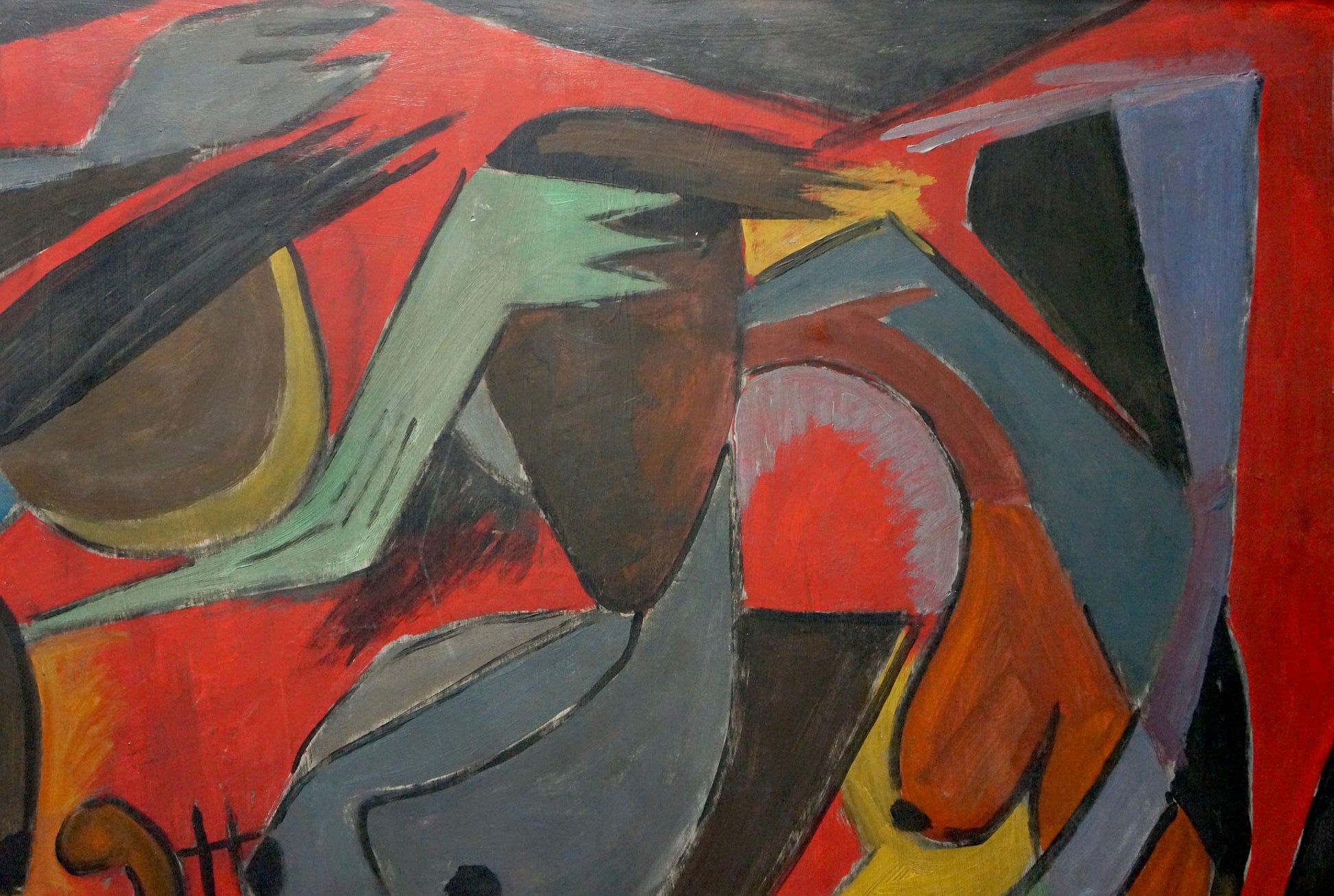Abstract expressionist painting by Alexander Nikolaevich Volkov with bold red black gray shapes