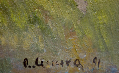 Oil painting Autumn landscape by Alexander Mynka with textured green yellow brown brushstrokes signed o