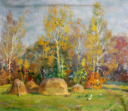 Oil painting Last autumn harvest by Alexander Mynka: golden trees, hay bales