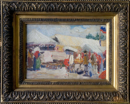 Ornate gold and dark wood framed Oil painting Market landscape