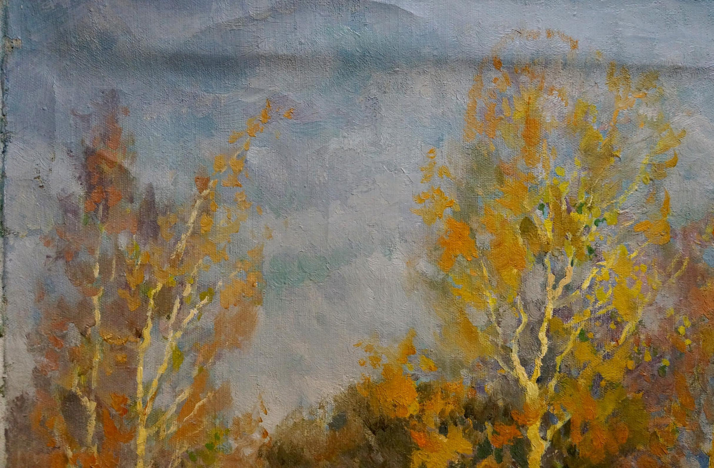 Oil painting Last autumn harvest by Alexander Mynka, autumn trees in mist