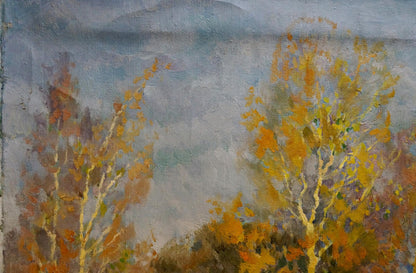 Oil painting Last autumn harvest by Alexander Mynka, autumn trees in mist