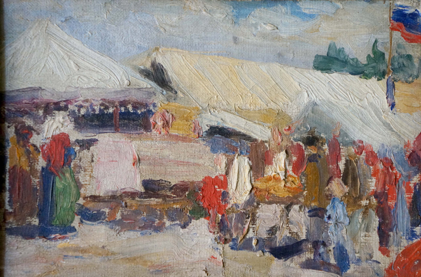Vibrant impressionist oil painting of bustling market landscape