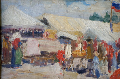 Vibrant impressionist oil painting of bustling market landscape