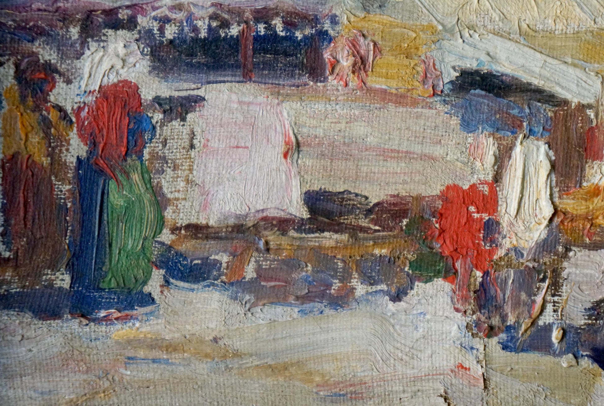 Impasto oil painting of market landscape in vibrant red, green, blue on textured earth tones