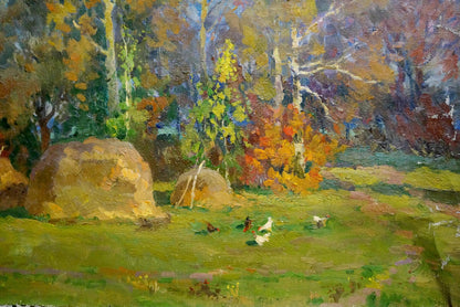 Oil painting Last autumn harvest by Alexander Mynka with vibrant foliage and hay bales