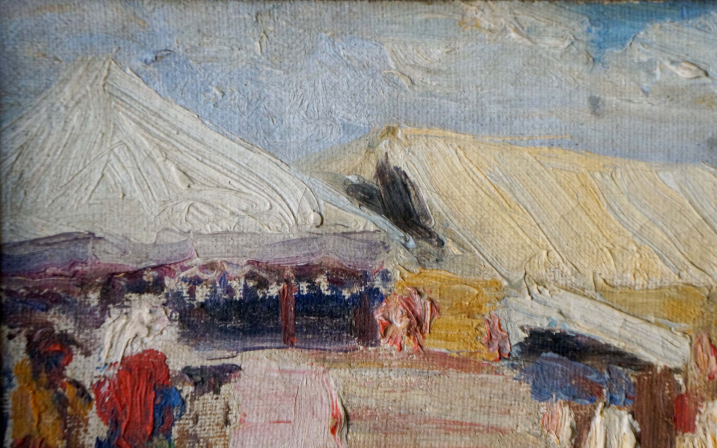 Impressionistic oil painting of snow-capped mountains over bustling market