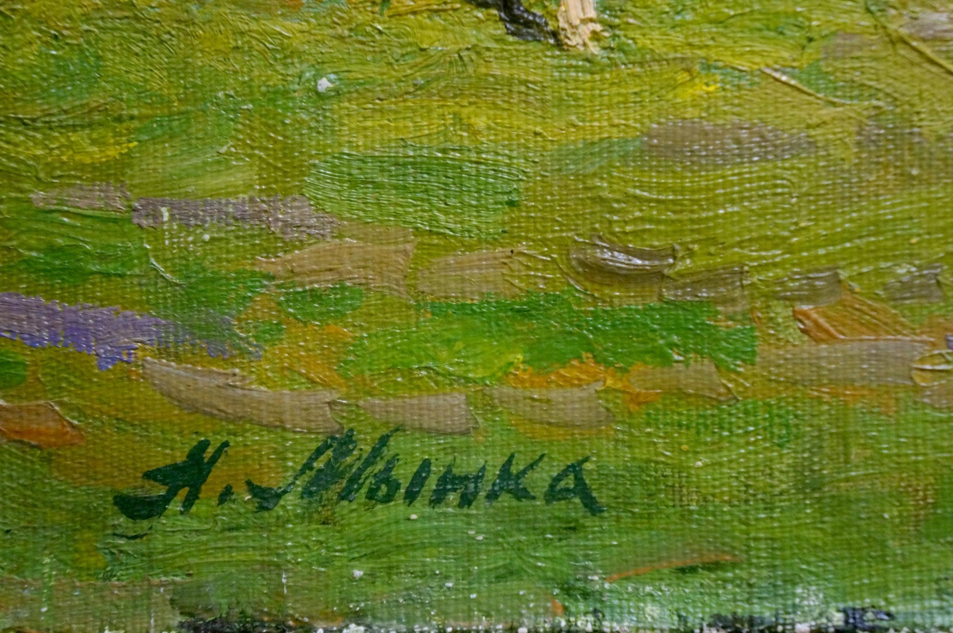Oil painting Last autumn harvest by Alexander Mynka, vibrant green landscape