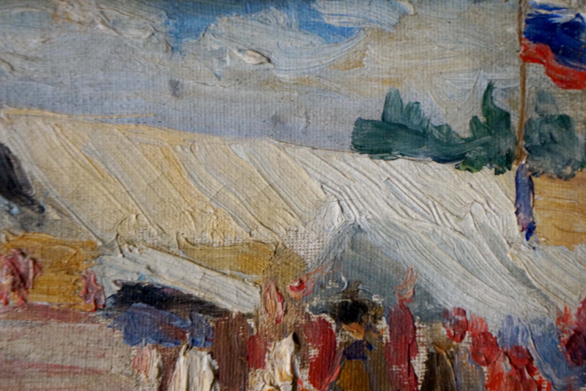 A textured oil painting depicting a crowd gathered beneath a large white tent with blue and red flag accents.