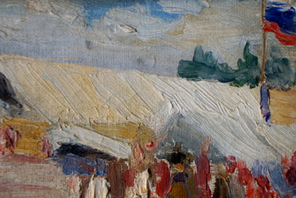 A textured oil painting depicting a crowd gathered beneath a large white tent with blue and red flag accents.