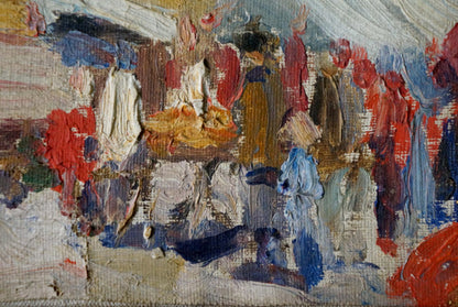 Vibrant oil painting of bustling market landscape with bold brushstrokes