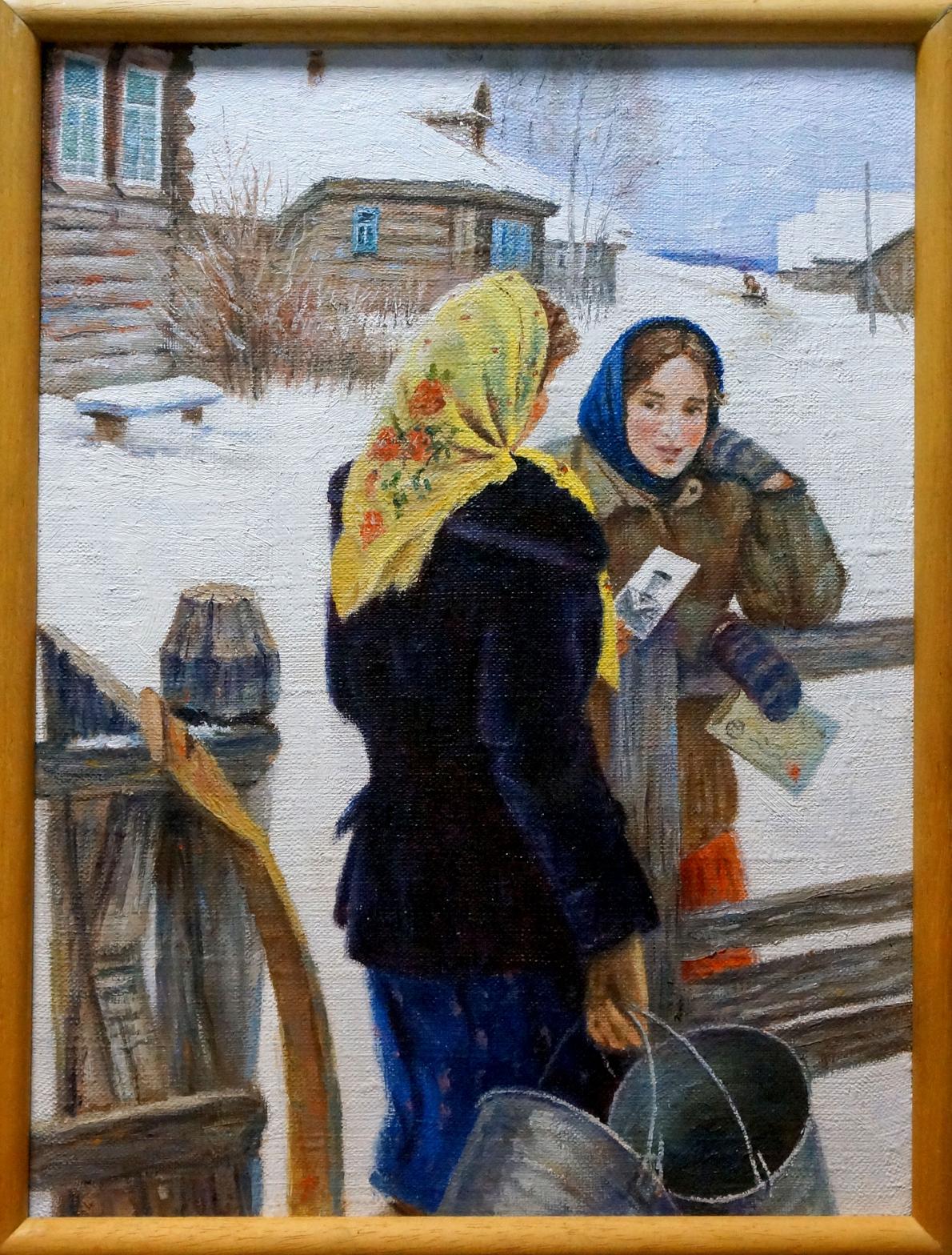 Oil painting by Yuri Eduardovich Ekmeji of two women in snowy village
