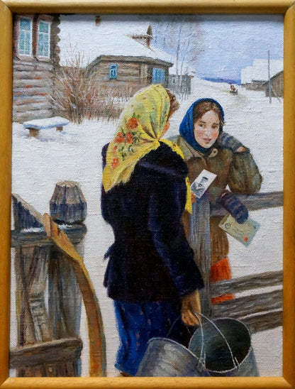 Oil painting by Yuri Eduardovich Ekmeji of two women in snowy village