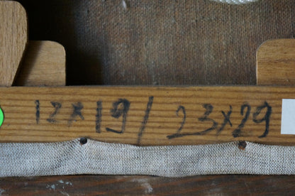 Oil painting Market landscape: wooden ruler with black handwritten measurements