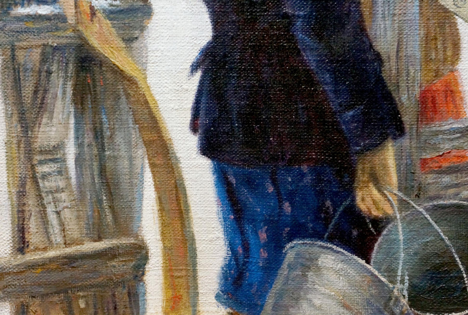 Dark blue textured jacket and trousers in Yuri Eduardovich Ekmeji oil portrait