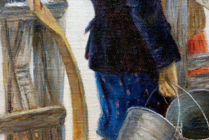 Dark blue textured jacket and trousers in Yuri Eduardovich Ekmeji oil portrait