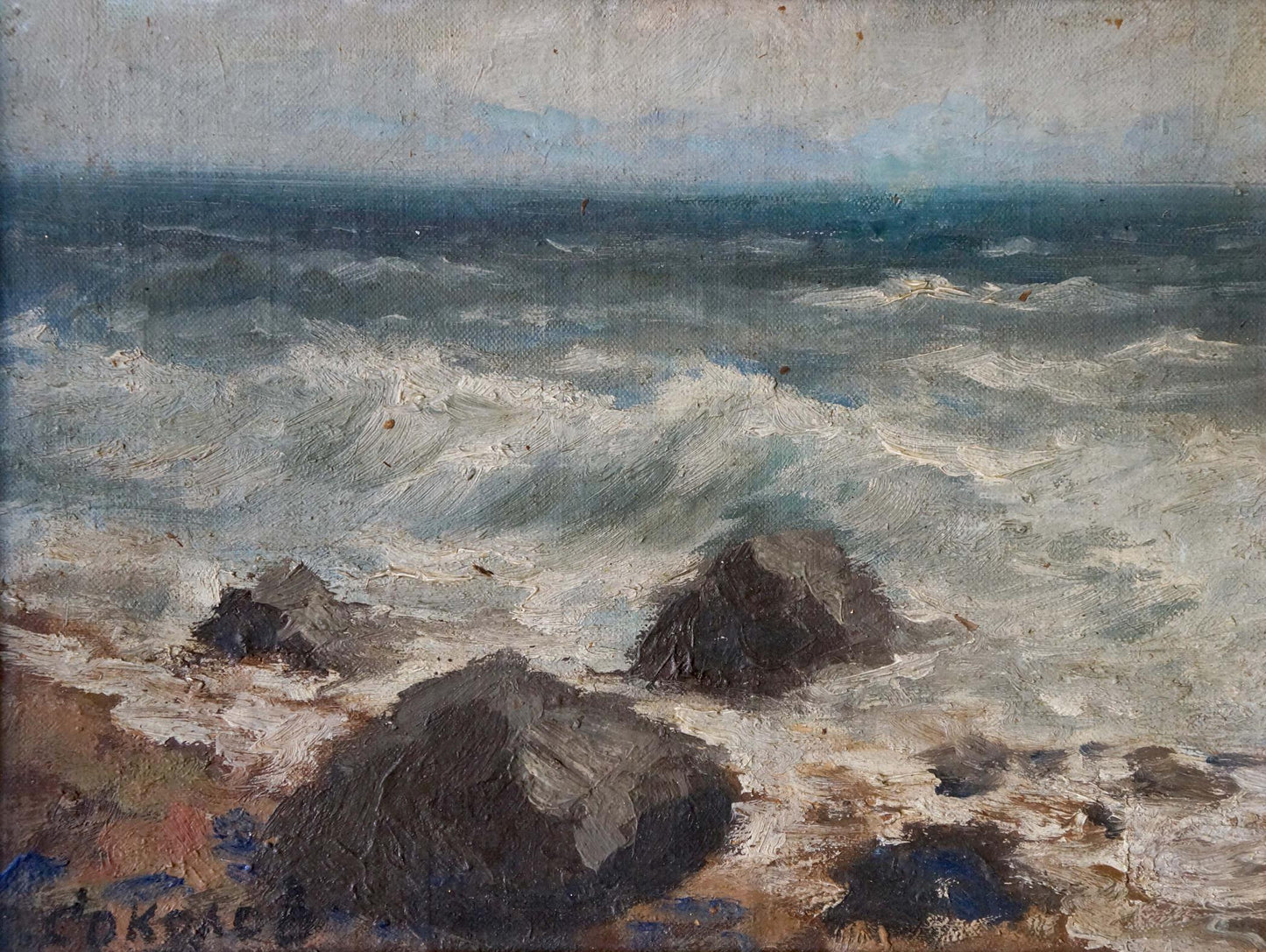 Stormy ocean waves crashing on rocky shore oil painting by Vasily Sokolov