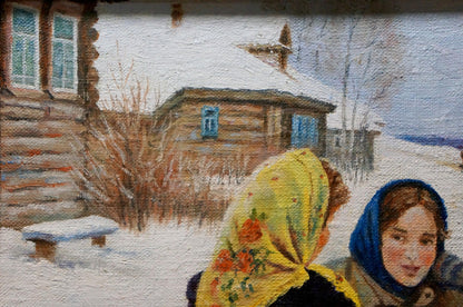 Oil painting portrait by Yuri Eduardovich Ekmeji: woman in vibrant yellow floral headscarf in snowy village