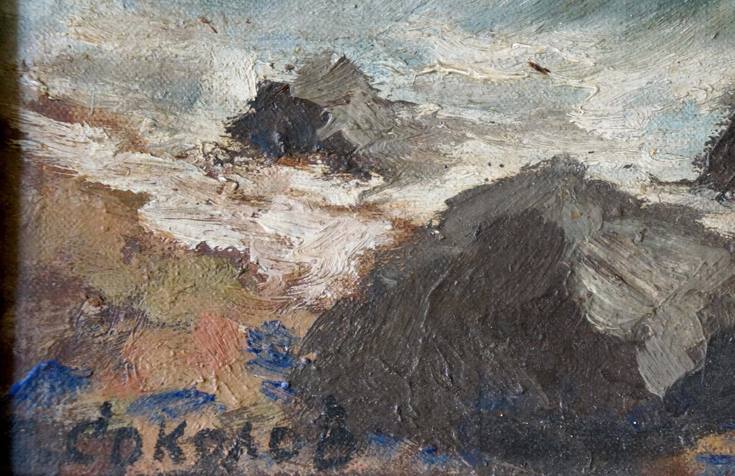 Oil painting of rocky shore seascape by Vasily Sokolov with rugged mountains