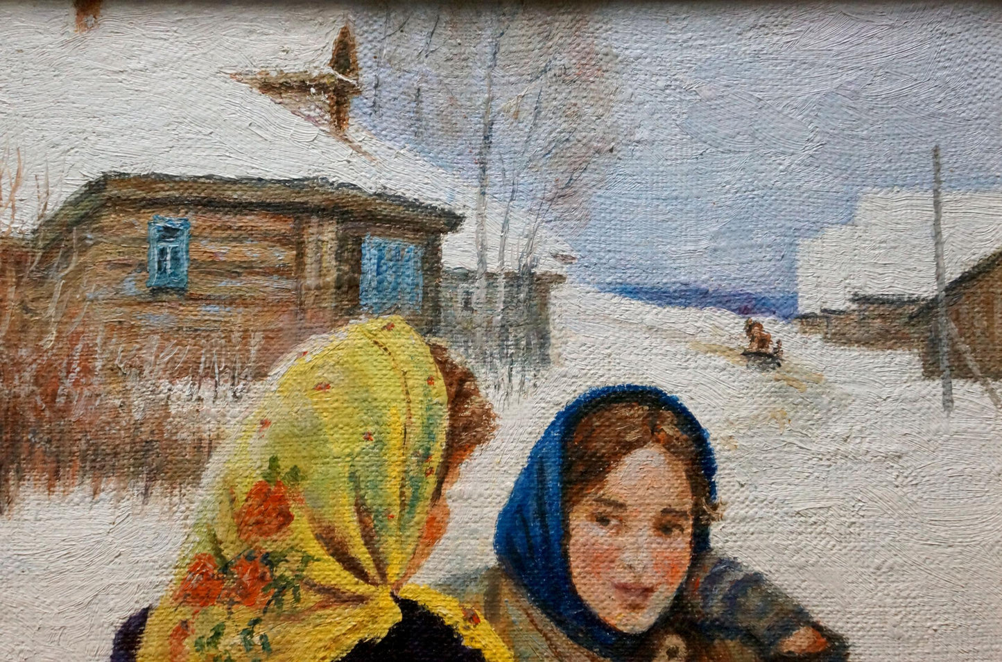 Oil painting portrait of woman in vibrant yellow floral headscarf by Yuri Eduardovich Ekmeji