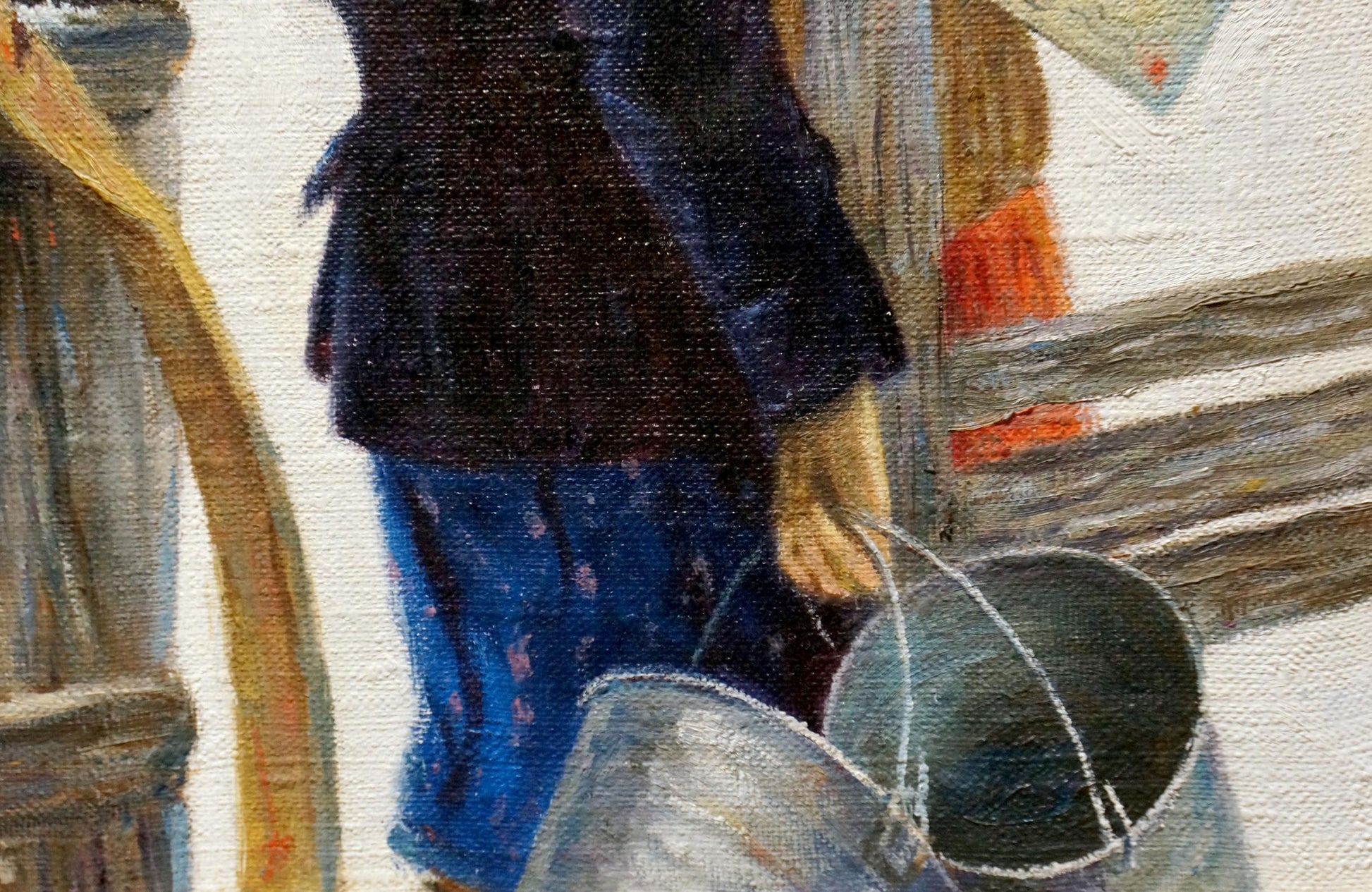 Oil painting portrait of girls by Yuri Eduardovich Ekmeji with weathered metallic bucket
