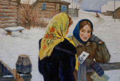 Oil painting portrait of woman in vibrant yellow floral headscarf by Yuri Eduardovich Ekmeji