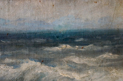Oil painting of turbulent seascape with rocky shore by Vasily Sokolov