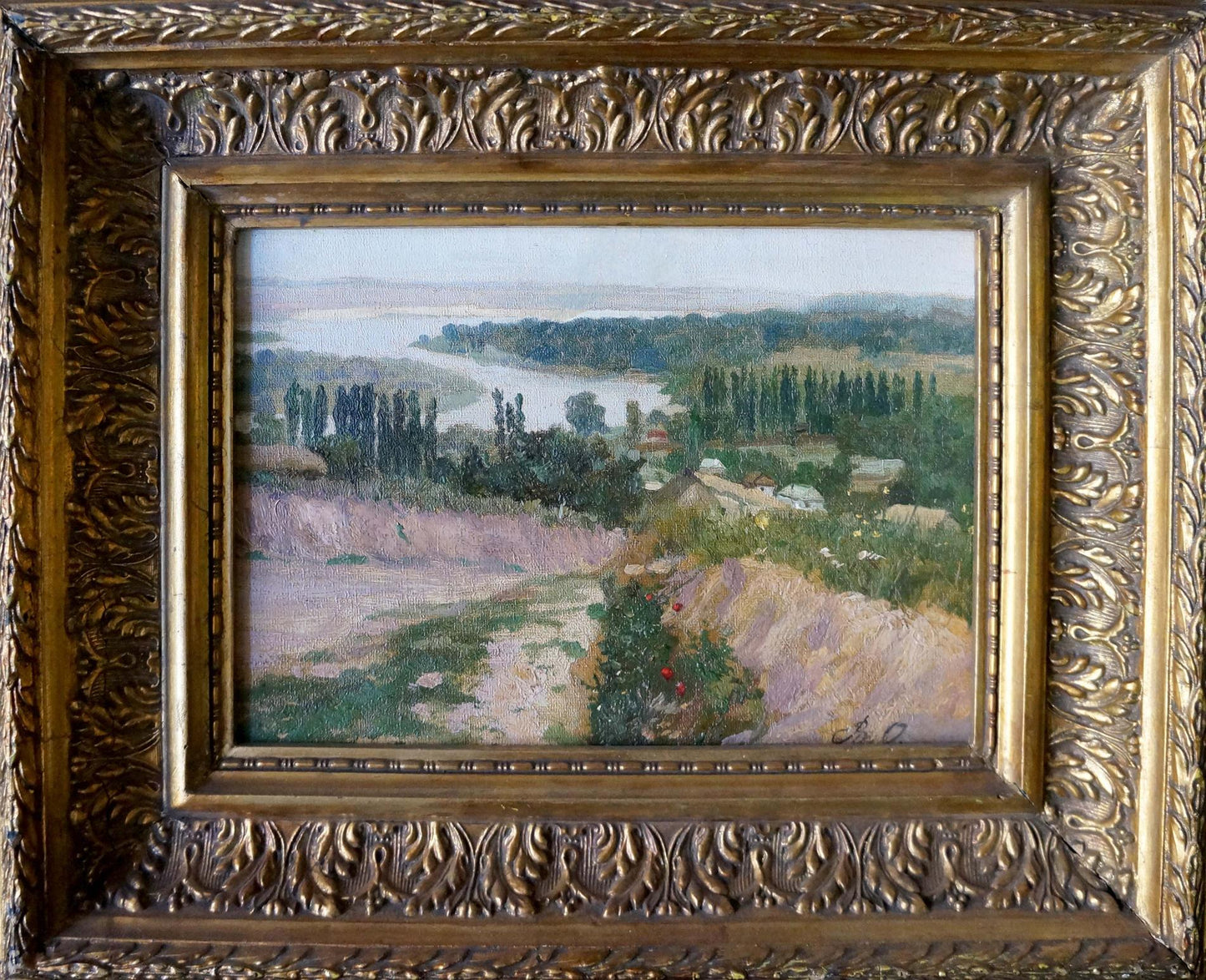 Ornate gold-framed Oil painting Field of serene hills, trees and river