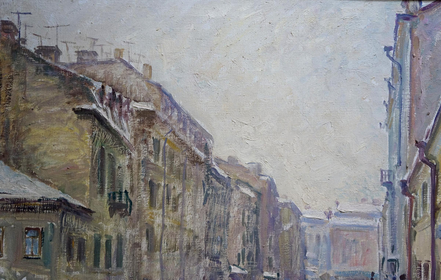 Oil painting by Basov Yakov Alexandrovich: winter city street under overcast sky