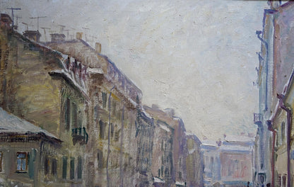 Oil painting by Basov Yakov Alexandrovich: winter city street under overcast sky