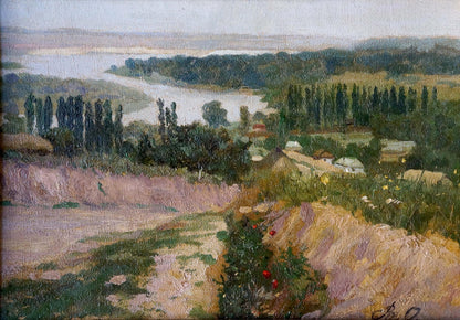 Oil painting Field: serene landscape with winding river, lush greenery, hills