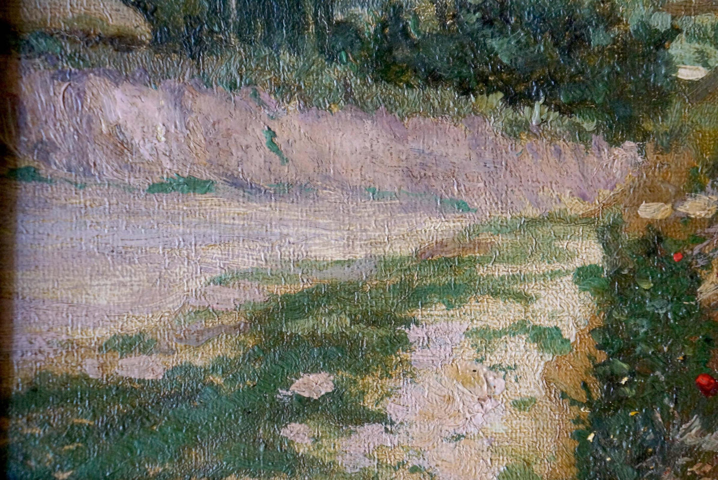 Oil painting Field: sunlit garden path with lush green foliage and lavender earth